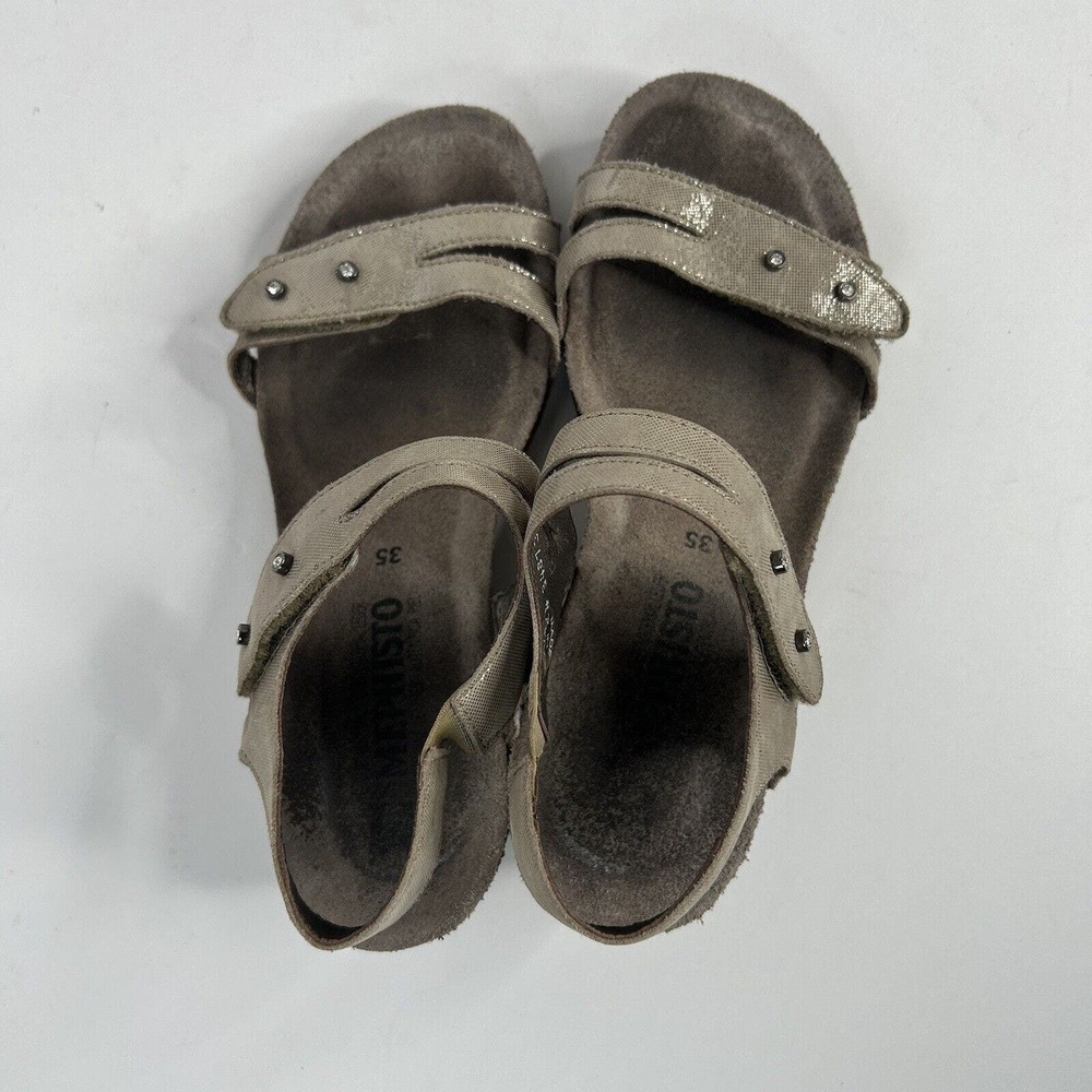 Mephisto Grey Metallic Sandals Strappy Low Wedge - Picture 5 of 6